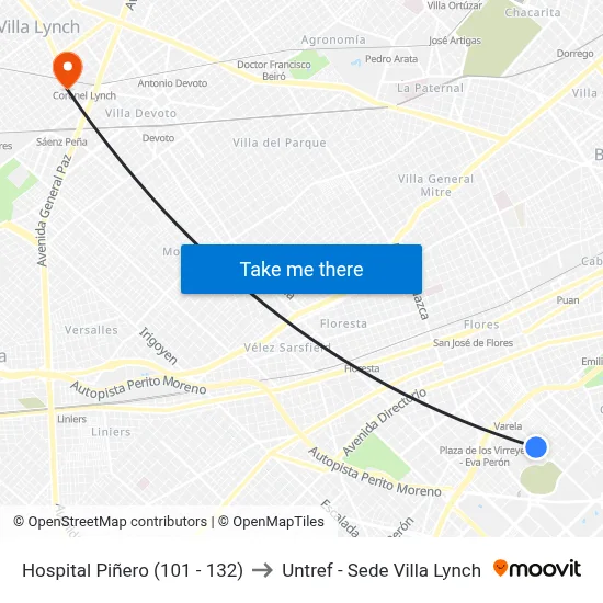 Hospital Piñero (101 - 132) to Untref - Sede Villa Lynch map