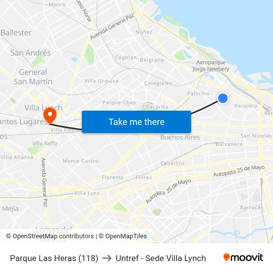Parque Las Heras (118) to Untref - Sede Villa Lynch map