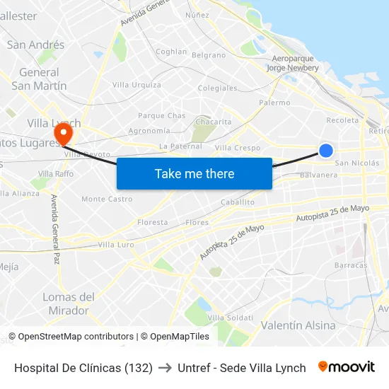 Hospital De Clínicas (132) to Untref - Sede Villa Lynch map
