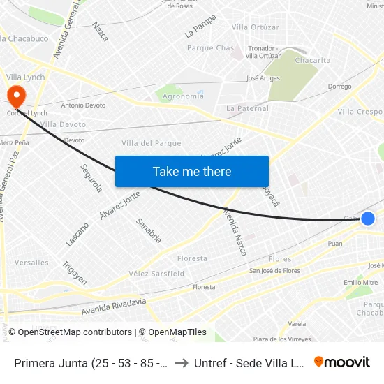 Primera Junta (25 - 53 - 85 - 132) to Untref - Sede Villa Lynch map