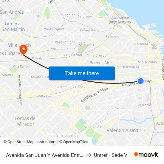 Avenida San Juan Y Avenida Entre Ríos (53 - 126) to Untref - Sede Villa Lynch map