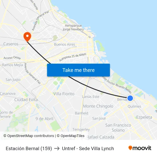 Estación Bernal (159) to Untref - Sede Villa Lynch map