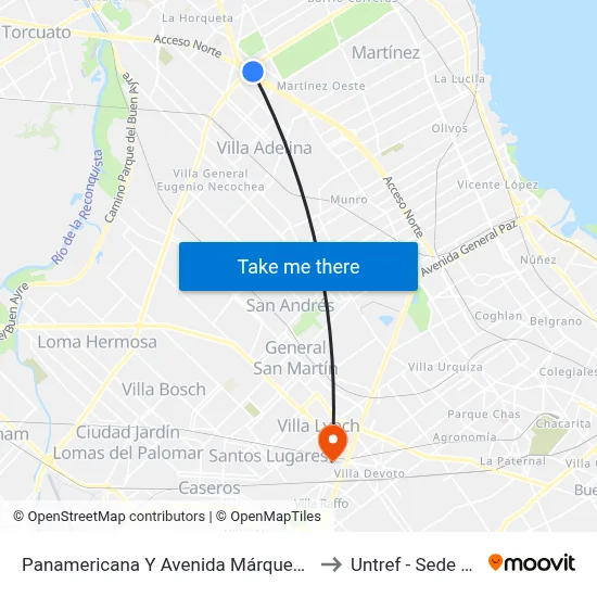 Panamericana Y Avenida Márquez (15 - 57 - 228 - 430) to Untref - Sede Villa Lynch map