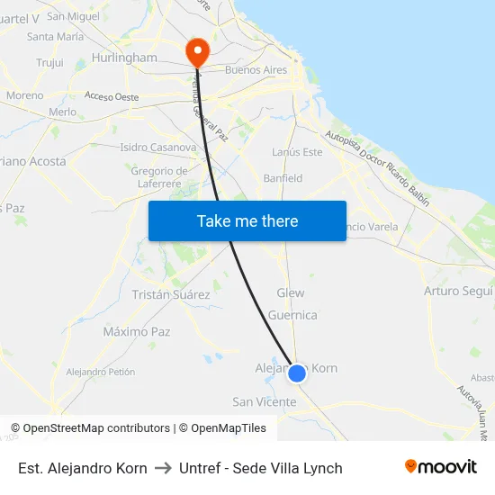 Est. Alejandro Korn to Untref - Sede Villa Lynch map
