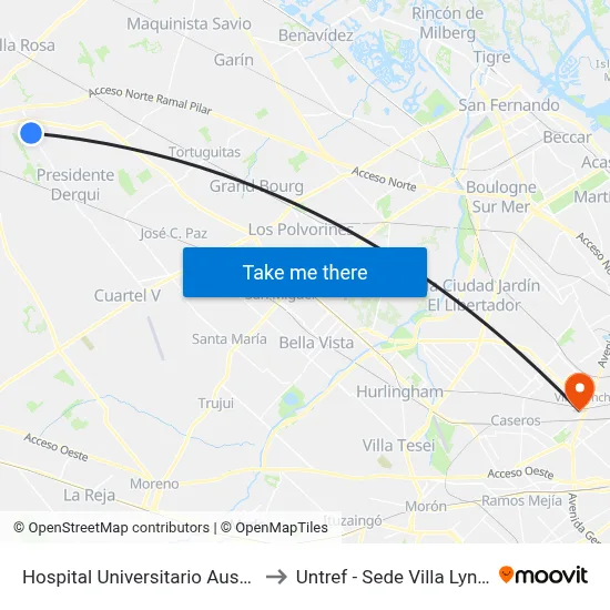Hospital Universitario Austral to Untref - Sede Villa Lynch map
