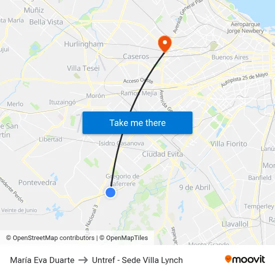 María Eva Duarte to Untref - Sede Villa Lynch map