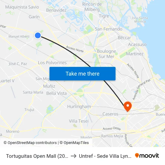 Tortuguitas Open Mall (203) to Untref - Sede Villa Lynch map