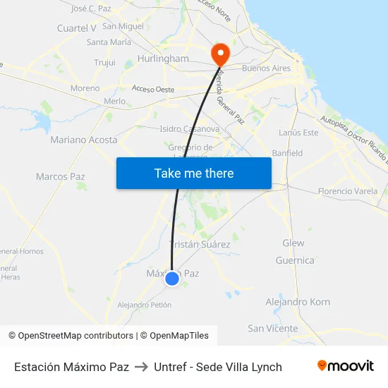 Estación Máximo Paz to Untref - Sede Villa Lynch map