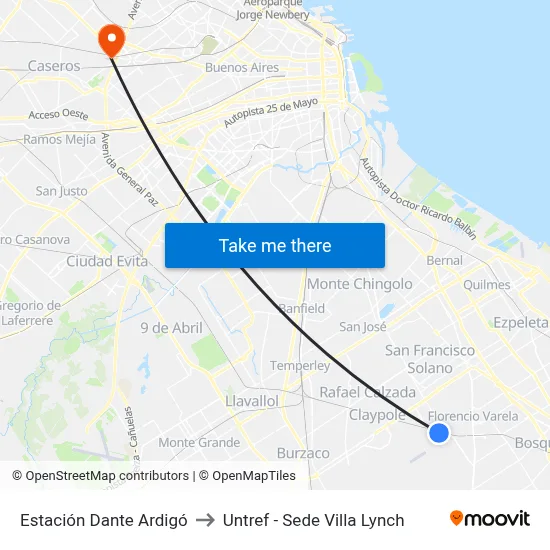 Estación Dante Ardigó to Untref - Sede Villa Lynch map