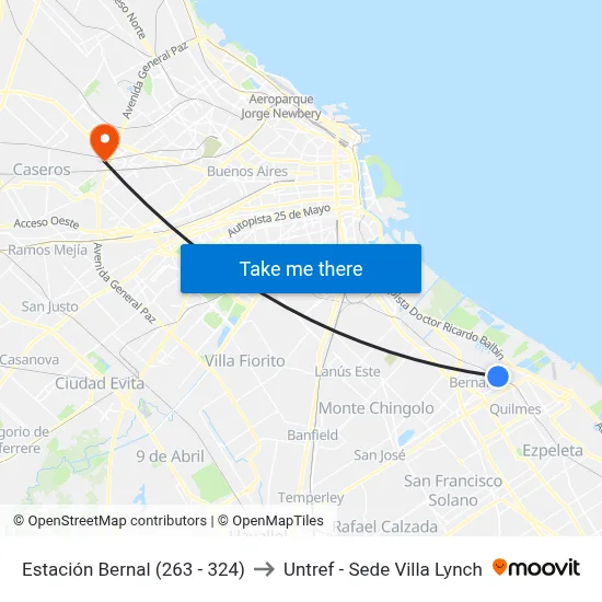 Estación Bernal (263 - 324) to Untref - Sede Villa Lynch map