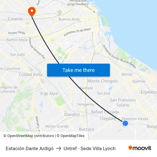 Estación Dante Ardigó to Untref - Sede Villa Lynch map