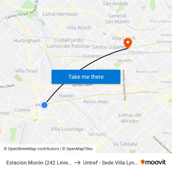 Estación Morón (242 Liniers) to Untref - Sede Villa Lynch map