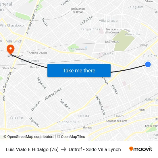 Luis Viale E Hidalgo (76) to Untref - Sede Villa Lynch map