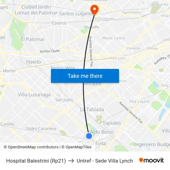 Hospital Balestrini (Rp21) to Untref - Sede Villa Lynch map