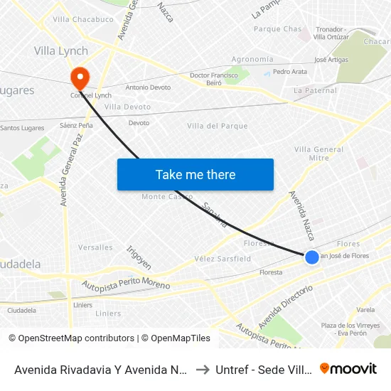 Avenida Rivadavia Y Avenida Nazca (2 - 85) to Untref - Sede Villa Lynch map