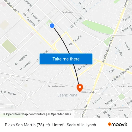 Plaza San Martín (78) to Untref - Sede Villa Lynch map