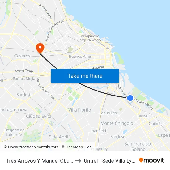 Tres Arroyos Y Manuel Obarrio to Untref - Sede Villa Lynch map