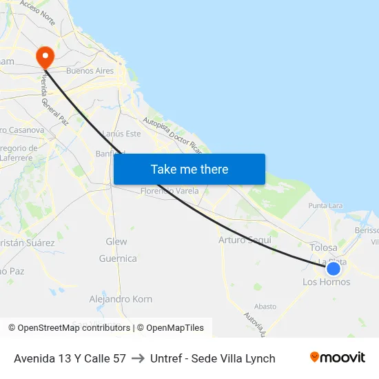 Avenida 13 Y Calle 57 to Untref - Sede Villa Lynch map