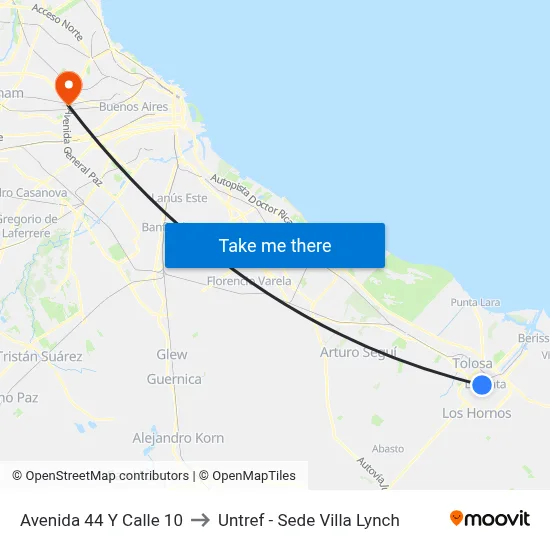 Avenida 44 Y Calle 10 to Untref - Sede Villa Lynch map