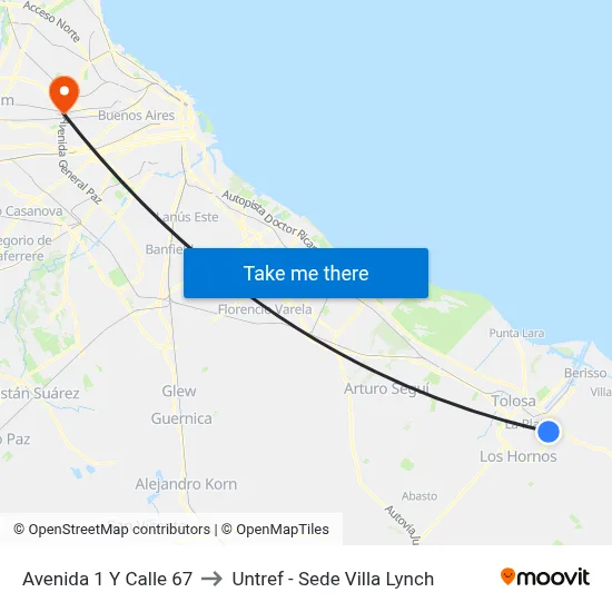 Avenida 1 Y Calle 67 to Untref - Sede Villa Lynch map