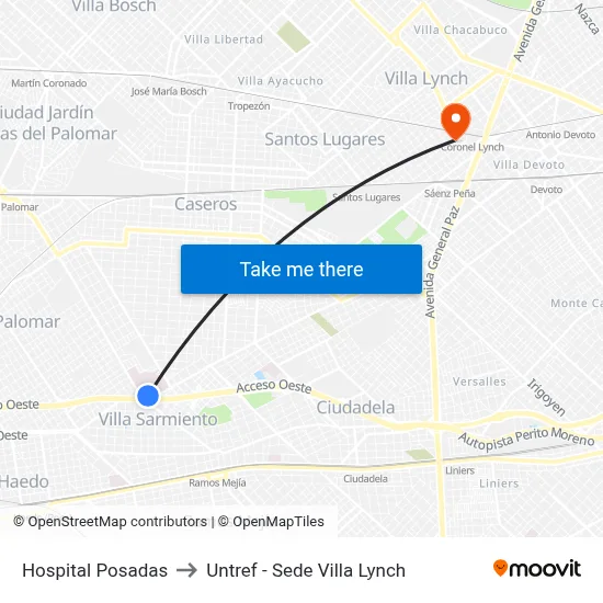 Hospital Posadas to Untref - Sede Villa Lynch map