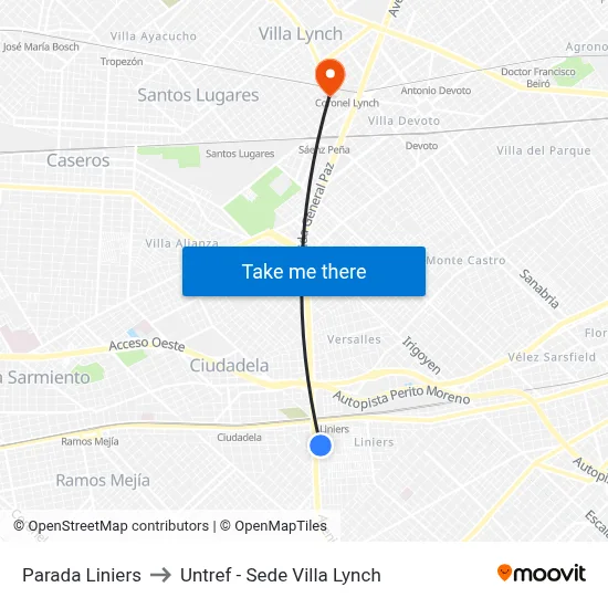 Parada Liniers to Untref - Sede Villa Lynch map