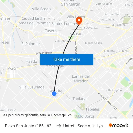 Plaza San Justo (185 - 621) to Untref - Sede Villa Lynch map