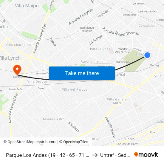 Parque Los Andes (19 - 42 - 65 - 71 - 76 - 78 - 87 - 93 - 108 - 127) to Untref - Sede Villa Lynch map