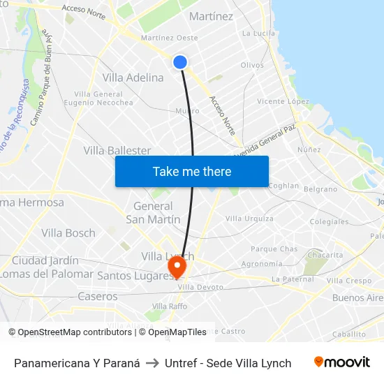 Panamericana Y Paraná to Untref - Sede Villa Lynch map
