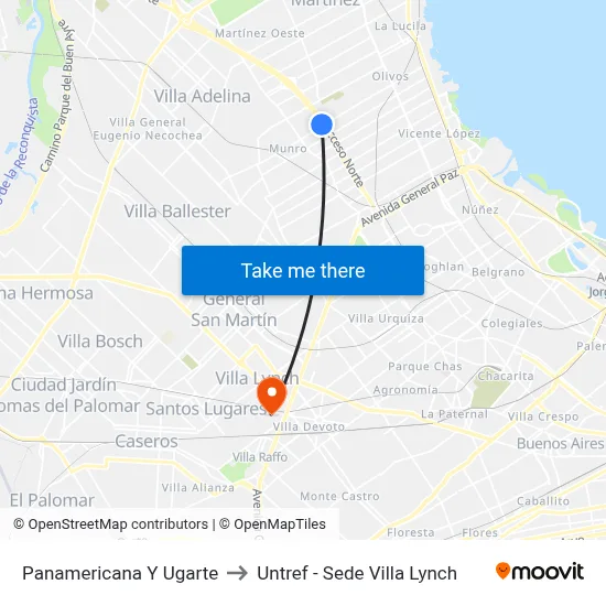 Panamericana Y Ugarte to Untref - Sede Villa Lynch map