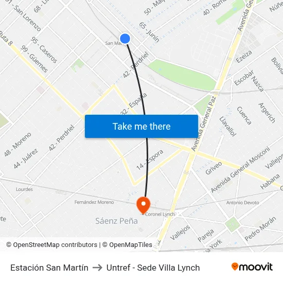 Estación San Martín to Untref - Sede Villa Lynch map