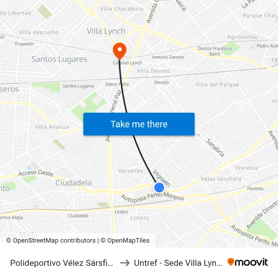 Polideportivo Vélez Sársfield to Untref - Sede Villa Lynch map