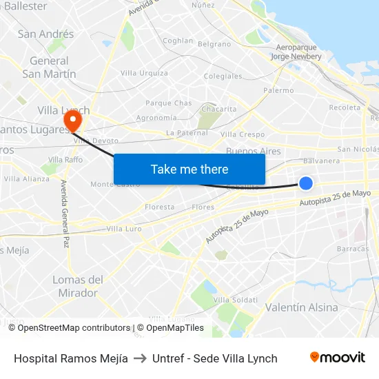 Hospital Ramos Mejía to Untref - Sede Villa Lynch map