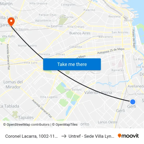 Coronel Lacarra, 1002-1100 to Untref - Sede Villa Lynch map