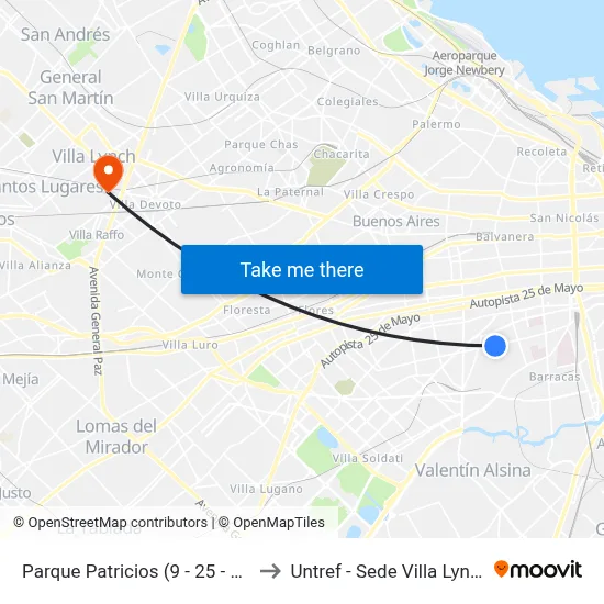 Parque Patricios (9 - 25 - 50) to Untref - Sede Villa Lynch map