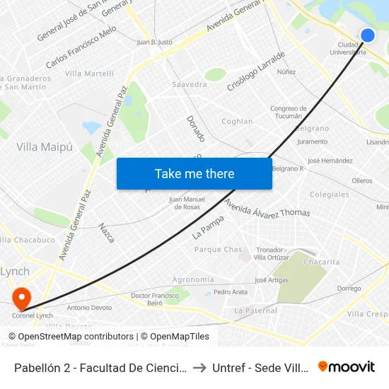 Pabellón 2 - Facultad De Ciencias Exactas to Untref - Sede Villa Lynch map