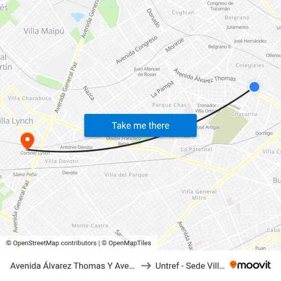 Avenida Álvarez Thomas Y Avenida Lacroze to Untref - Sede Villa Lynch map