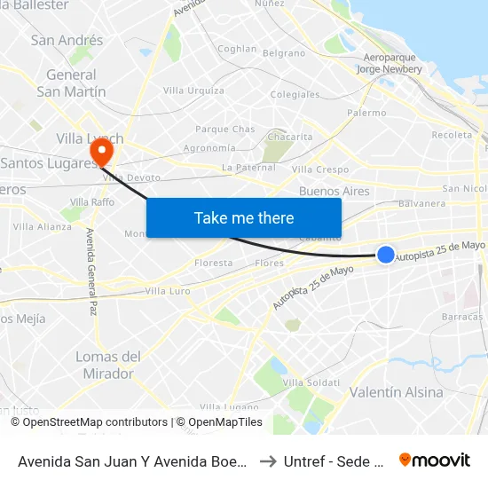 Avenida San Juan Y Avenida Boedo (126 - 127 - 180) to Untref - Sede Villa Lynch map