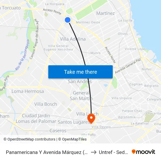 Panamericana Y Avenida Márquez (15 - 60 - 203 - 365 - 430 - 707) to Untref - Sede Villa Lynch map