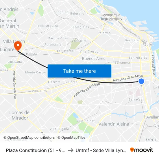 Plaza Constitución (51 - 98) to Untref - Sede Villa Lynch map