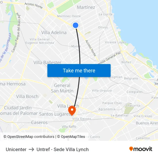 Unicenter to Untref - Sede Villa Lynch map