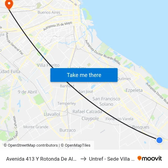 Avenida 413 Y Rotonda De Alpargatas to Untref - Sede Villa Lynch map