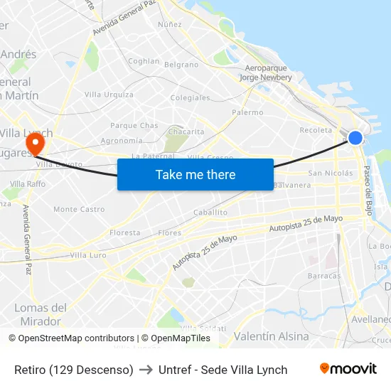 Retiro (129 Descenso) to Untref - Sede Villa Lynch map