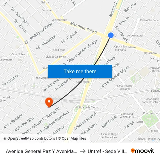 Avenida General Paz Y Avenida San Martín to Untref - Sede Villa Lynch map