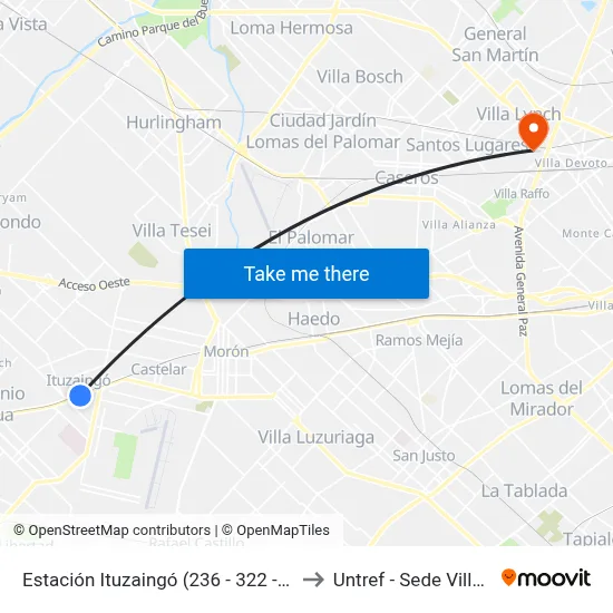 Estación Ituzaingó (236 - 322 - 336 - 504) to Untref - Sede Villa Lynch map