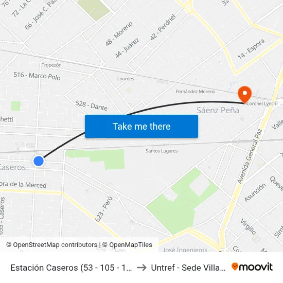 Estación Caseros (53 - 105 - 181 - 237) to Untref - Sede Villa Lynch map