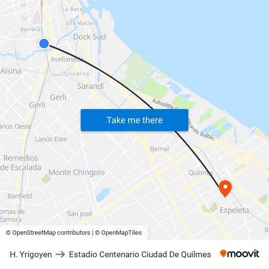 H. Yrigoyen to Estadio Centenario Ciudad De Quilmes map