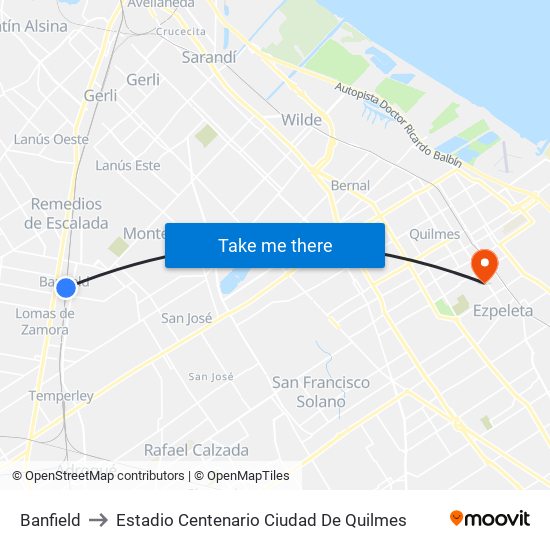 Banfield to Estadio Centenario Ciudad De Quilmes map