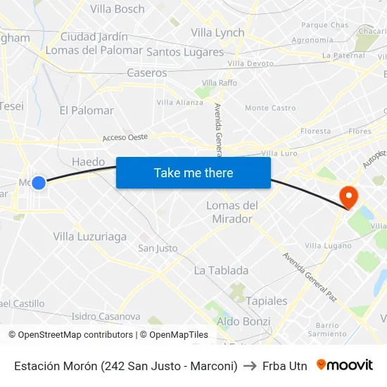 Estación Morón (242 San Justo - Marconi) to Frba Utn map