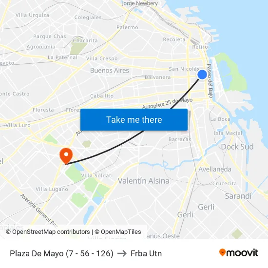 Plaza De Mayo (7 - 56 - 126) to Frba Utn map
